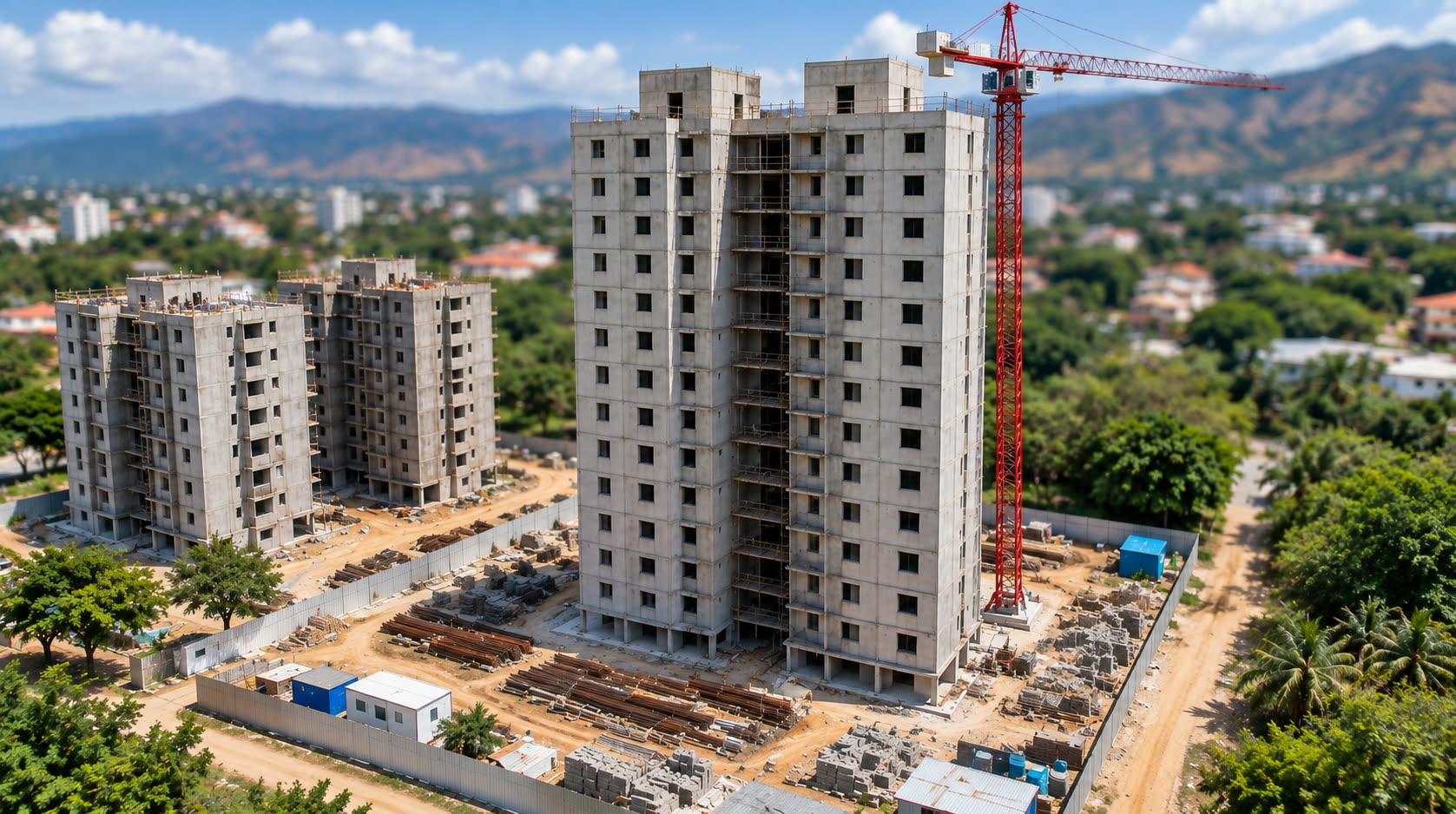 Obra en gris de tres edificios con grúa roja